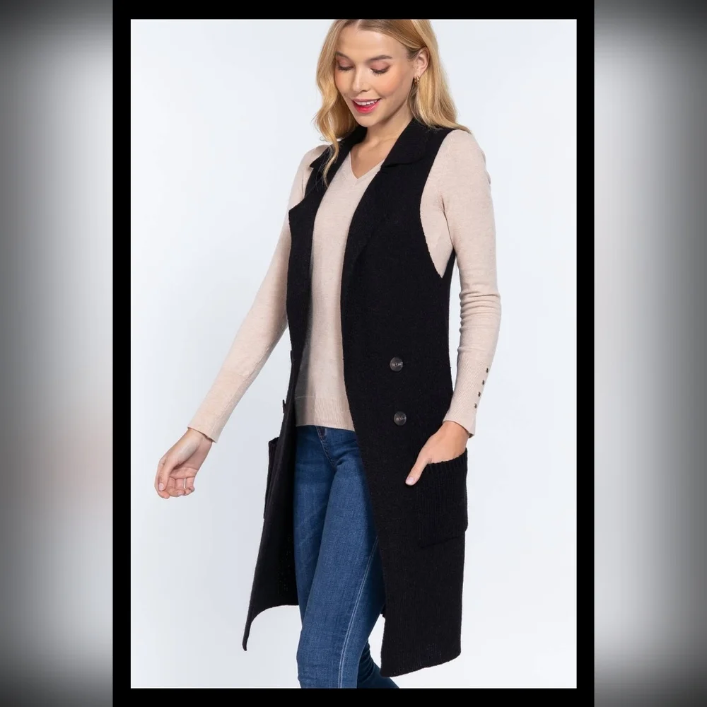 Sleeveless Notched Collar with Side Pocket Long Sweater Vest - Picture 1 of 2